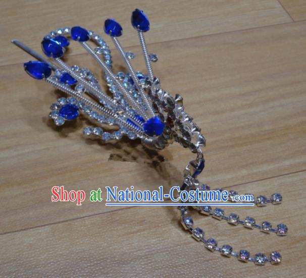 Chinese Traditional Beijing Opera Royalblue Crystal Phoenix Tassel Hairpins Princess Hair Accessories for Adults