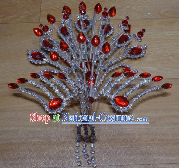 Chinese Traditional Beijing Opera Phoenix Hairpins Princess Red Crystal Hair Accessories for Adults