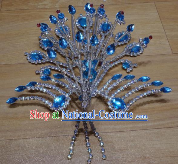 Chinese Traditional Beijing Opera Phoenix Hairpins Princess Blue Crystal Hair Accessories for Adults