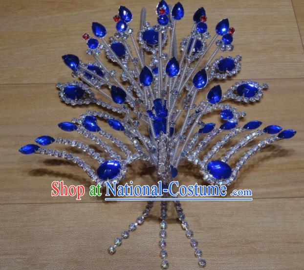 Chinese Traditional Beijing Opera Phoenix Hairpins Princess Royalblue Crystal Hair Accessories for Adults