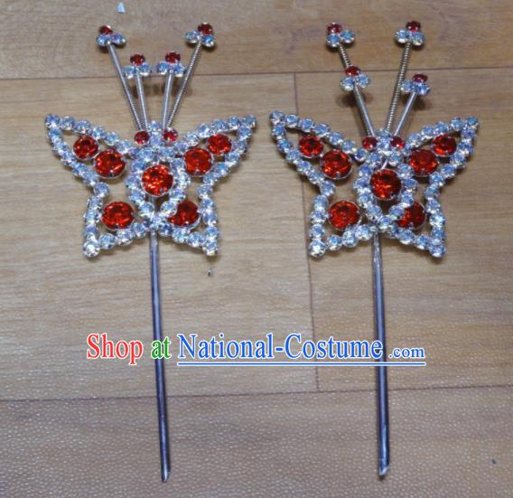 Chinese Traditional Beijing Opera Butterfly Hairpins Princess Red Crystal Hair Accessories for Adults