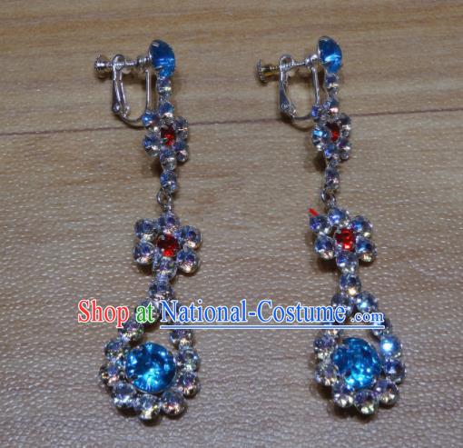 Chinese Traditional Beijing Opera Blue Crystal Earrings Peking Opera Diva Ear Accessories for Adults