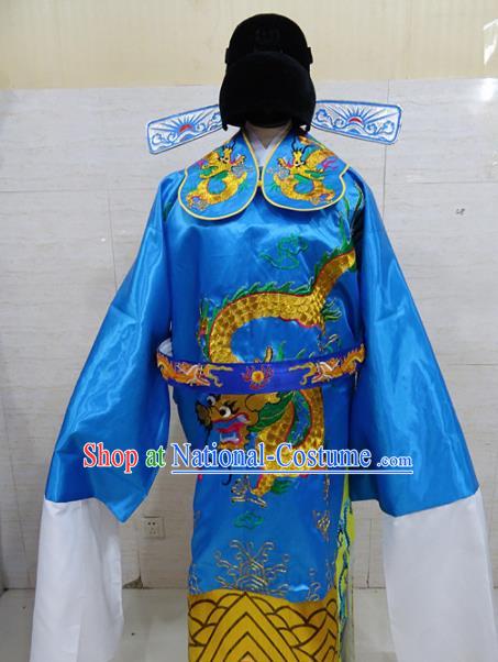 Chinese Traditional Beijing Opera Prime Minister Blue Embroidered Robe Peking Opera Old Men Costume for Adults