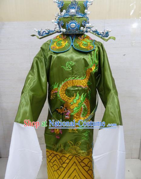 Chinese Traditional Beijing Opera Prime Minister Green Embroidered Robe Peking Opera Old Men Costume for Adults