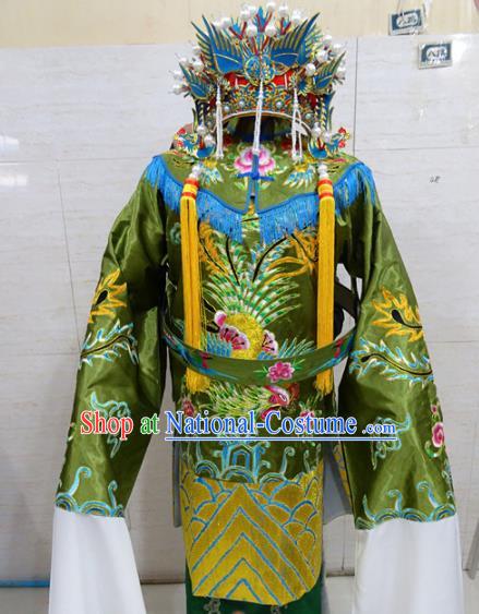 Chinese Traditional Beijing Opera Old Female Green Embroidered Phoenix Robe Peking Opera Costume for Adults