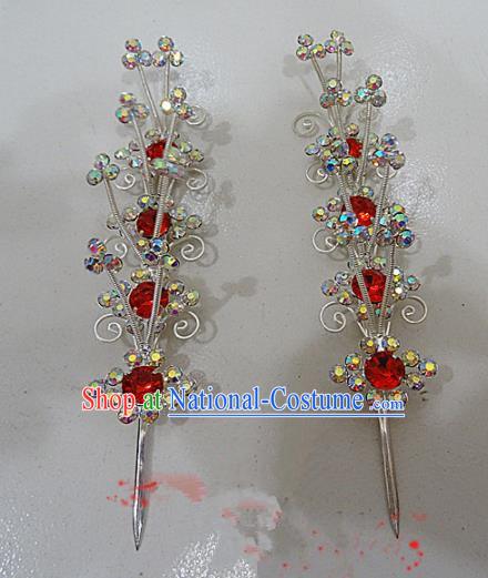 Chinese Traditional Beijing Opera Red Crystal Hairpins Princess Hair Accessories for Adults