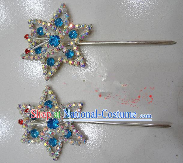 Chinese Traditional Beijing Opera Diva Blue Crystal Hexagon Hairpins Princess Hair Clip Hair Accessories for Adults