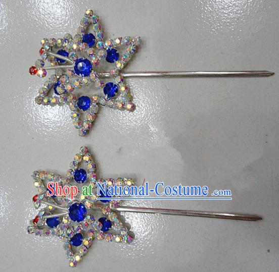 Chinese Traditional Beijing Opera Diva Royalblue Crystal Hexagon Hairpins Princess Hair Clip Hair Accessories for Adults