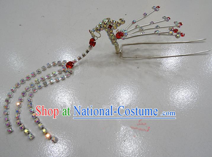 Chinese Traditional Beijing Opera Diva Red Crystal Phoenix Hairpins Princess Tassel Hair Clip Hair Accessories for Adults