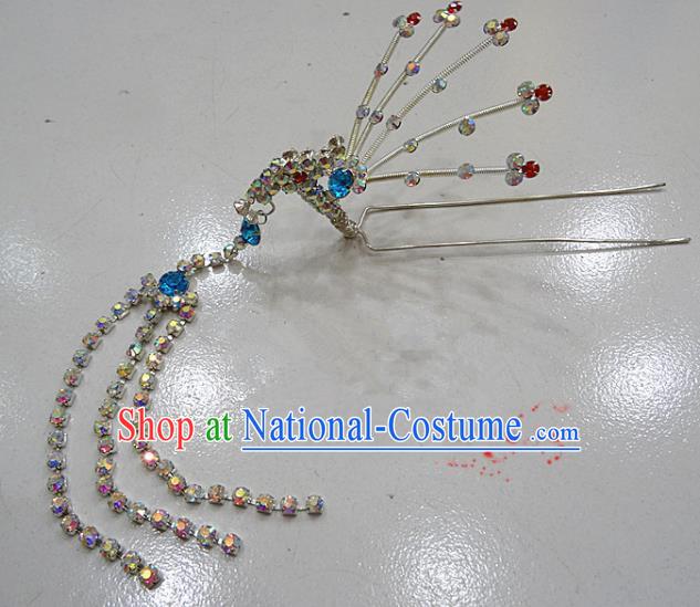 Chinese Traditional Beijing Opera Diva Blue Crystal Phoenix Hairpins Princess Tassel Hair Clip Hair Accessories for Adults