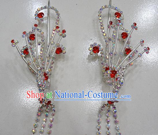 Chinese Traditional Beijing Opera Diva Red Phoenix Hairpins Princess Crystal Tassel Hair Clip Hair Accessories for Adults