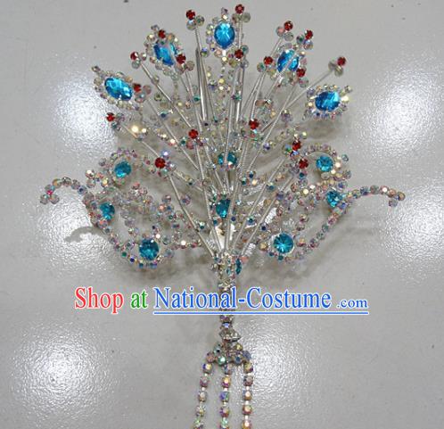 Chinese Traditional Beijing Opera Queen Phoenix Hairpins Princess Blue Crystal Tassel Hair Clip for Adults