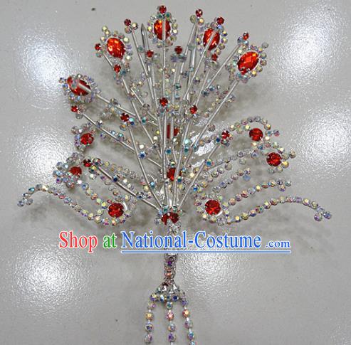 Chinese Traditional Beijing Opera Queen Phoenix Hairpins Princess Red Crystal Tassel Hair Clip for Adults