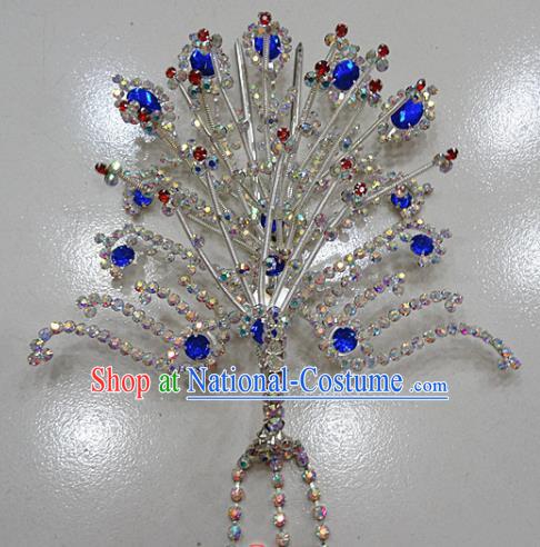 Chinese Traditional Beijing Opera Queen Phoenix Hairpins Princess Royalblue Crystal Tassel Hair Clip for Adults