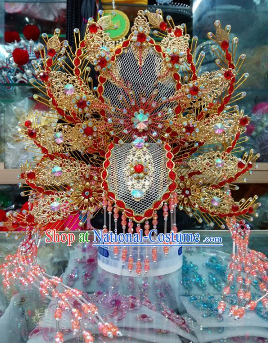 Chinese Traditional Beijing Opera Red Phoenix Coronet Queen Hair Accessories for Adults