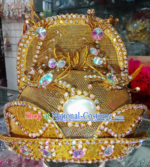 Chinese Traditional Beijing Opera Emperor Golden Hat Peking Opera Headwear for Adults