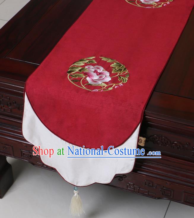 Chinese Traditional Embroidered Peony Wine Red Brocade Table Cloth Classical Satin Household Ornament Table Flag