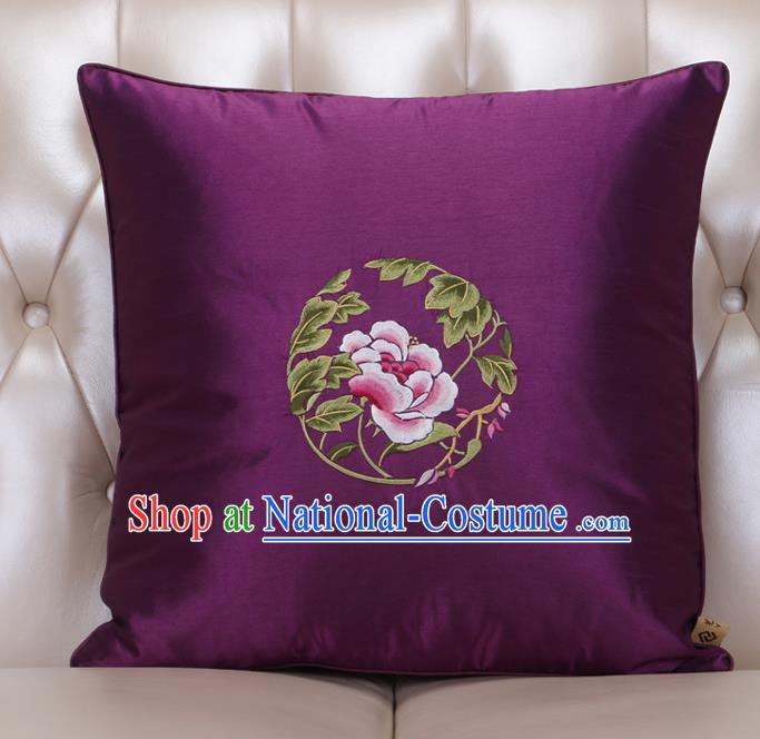 Chinese Traditional Embroidered Peony Purple Brocade Back Cushion Cover Classical Household Ornament