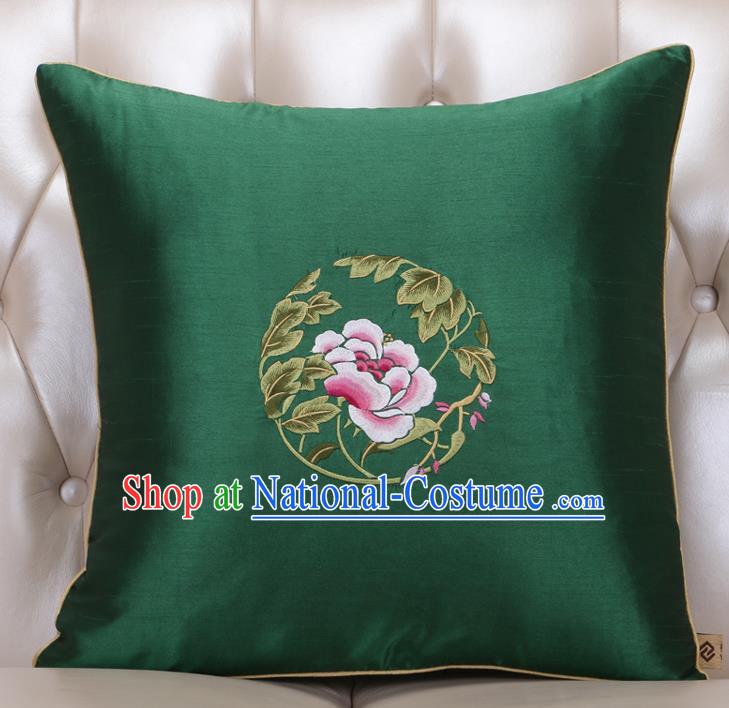 Chinese Traditional Embroidered Peony Green Brocade Back Cushion Cover Classical Household Ornament