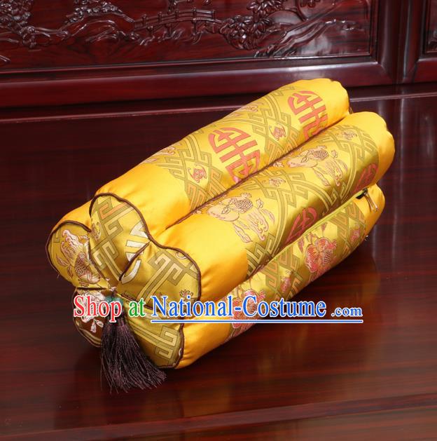 Chinese Traditional Household Accessories Classical Peach Pattern Golden Brocade Plum Blossom Pillow