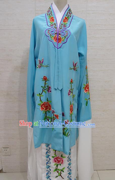 Chinese Traditional Beijing Opera Embroidered Peony Blue Dress Peking Opera Diva Costume for Adults