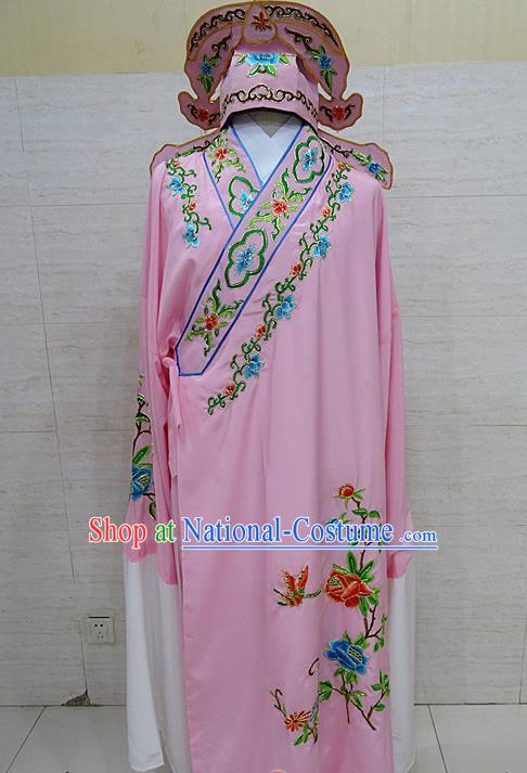 Professional Chinese Beijing Opera Niche Embroidered Peony Pink Robe Traditional Peking Opera Scholar Costume for Adults