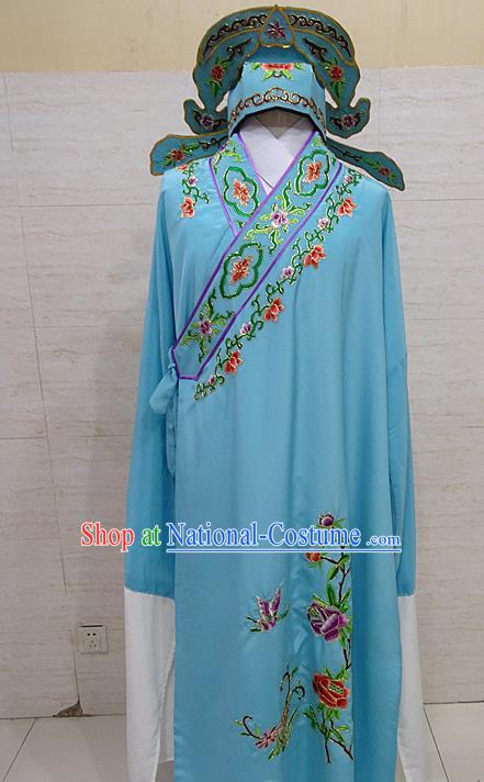 Professional Chinese Beijing Opera Niche Embroidered Peony Blue Robe Traditional Peking Opera Scholar Costume for Adults