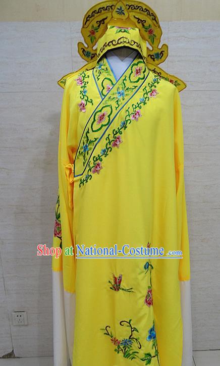 Professional Chinese Beijing Opera Niche Embroidered Peony Yellow Robe Traditional Peking Opera Scholar Costume for Adults