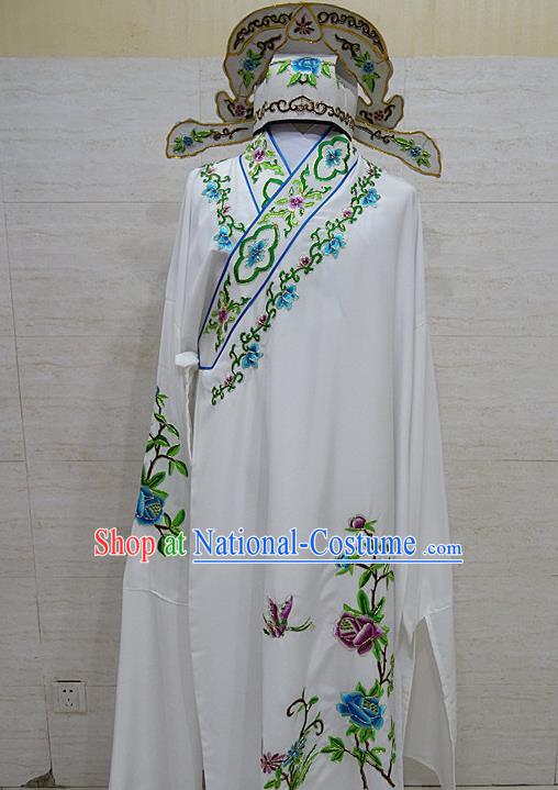 Professional Chinese Beijing Opera Niche Embroidered Peony White Robe Traditional Peking Opera Scholar Costume for Adults