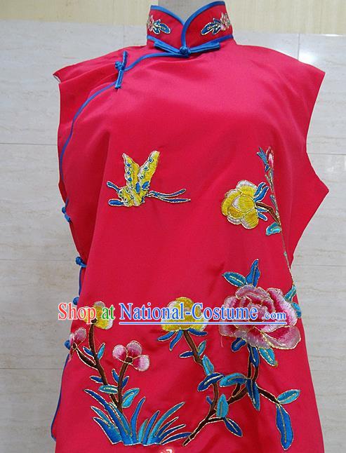 Chinese Traditional Beijing Opera Embroidered Peony Rosy Waistcoat Peking Opera Maidservants Costume for Adults