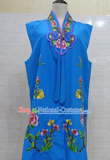 Chinese Traditional Beijing Opera Maidservants Royalblue Embroidered Peony Waistcoat Peking Opera Costume for Adults