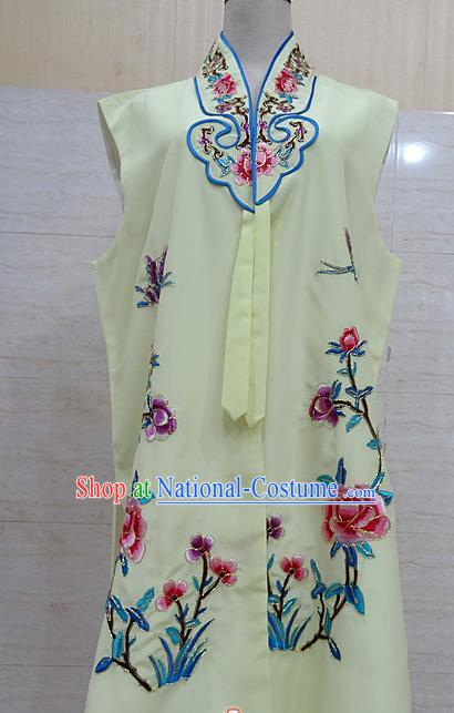 Chinese Traditional Beijing Opera Maidservants Light Yellow Embroidered Peony Waistcoat Peking Opera Costume for Adults