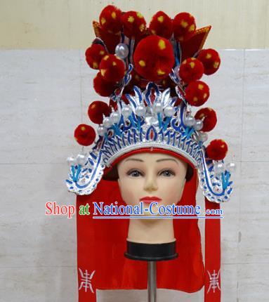 Chinese Traditional Beijing Opera Takefu Red Hat Ancient General Helmet Headwear for Adults