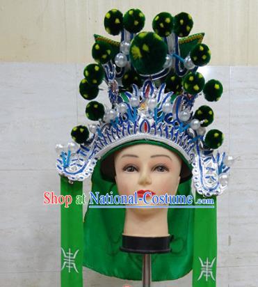 Chinese Traditional Beijing Opera Takefu Green Hat Ancient General Helmet Headwear for Adults