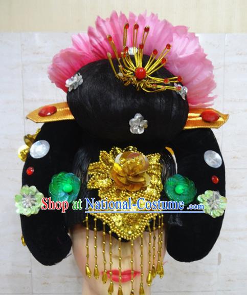 Chinese Traditional Beijing Opera Actress Hair Accessories Ancient Imperial Concubine Hairpins and Wigs for Adults