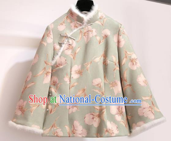 Chinese Traditional Costume Tang Suit Green Cotton Wadded Jacket Cheongsam Upper Outer Garment for Women