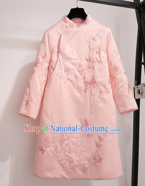 Chinese Traditional Tang Suit Costume Pink Cotton Wadded Qipao Dress Cheongsam for Women