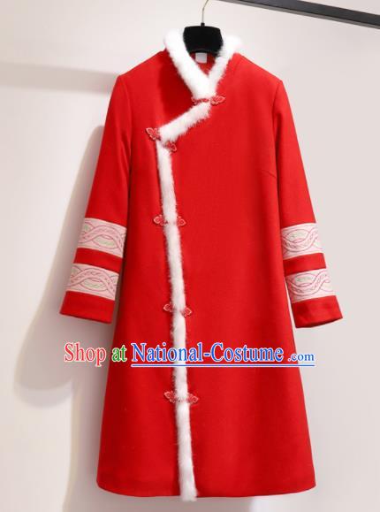 Chinese Traditional Costume Tang Suit Red Wool Coat Cheongsam Upper Outer Garment for Women