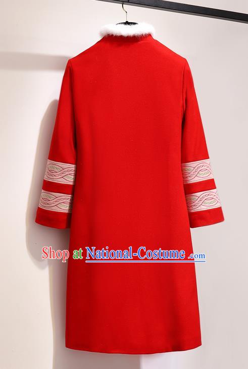 Chinese Traditional Costume Tang Suit Red Wool Coat Cheongsam Upper Outer Garment for Women