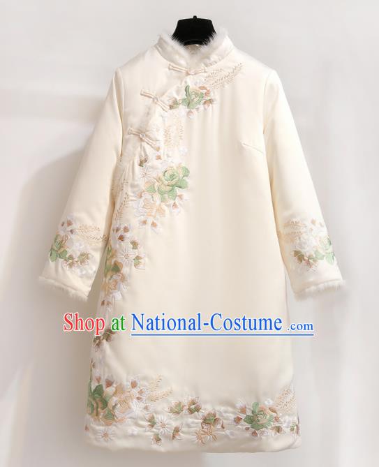 Chinese Traditional Tang Suit Costume White Cotton Wadded Qipao Dress Cheongsam for Women