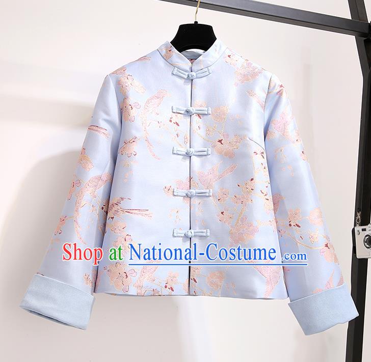 Chinese Traditional Costume Tang Suit Blue Jacket Cheongsam Upper Outer Garment for Women