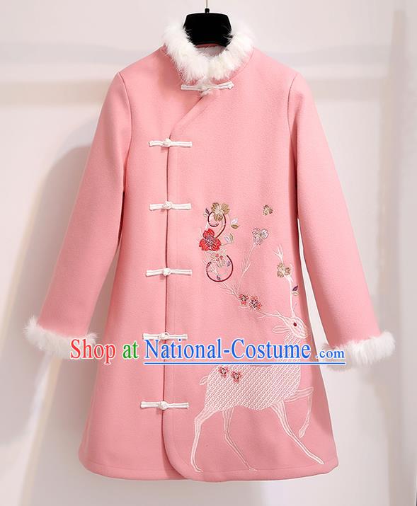 Chinese Traditional Costume Tang Suit Pink Dust Coat Cheongsam Upper Outer Garment for Women