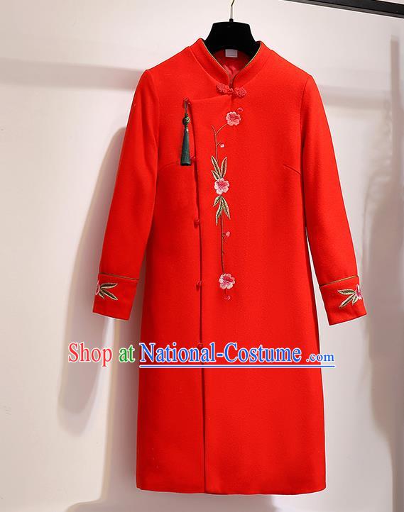 Chinese Traditional Costume Tang Suit Red Wool Dust Coat Cheongsam Upper Outer Garment for Women