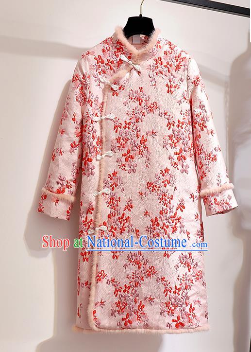 Chinese Traditional Tang Suit Costume Pink Cotton Wadded Qipao Dress Cheongsam for Women