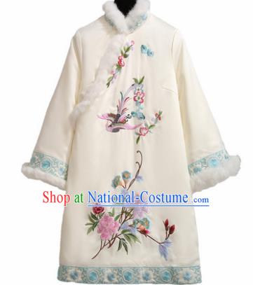 Chinese Traditional Tang Suit Costume Embroidered Peony White Cotton Wadded Qipao Dress Cheongsam for Women