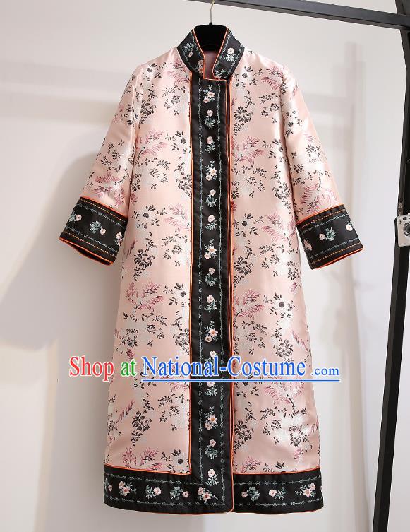 Chinese Traditional Costume Tang Suit Pink Silk Dust Coat Cheongsam Upper Outer Garment for Women