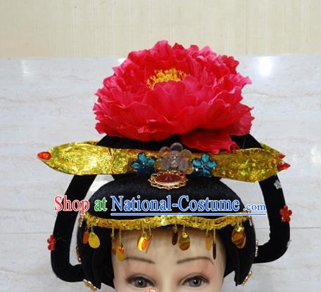 Chinese Traditional Beijing Opera Actress Hair Accessories Ancient Queen Red Peony Hairpins and Wigs for Adults