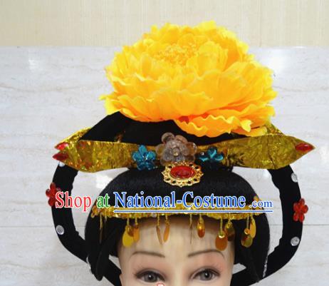 Chinese Traditional Beijing Opera Actress Hair Accessories Ancient Queen Yellow Peony Hairpins and Wigs for Adults