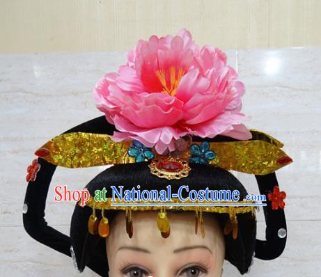 Chinese Traditional Beijing Opera Actress Hair Accessories Ancient Queen Pink Peony Hairpins and Wigs for Adults