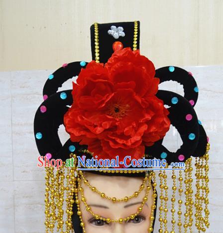 Chinese Traditional Beijing Opera Actress Hair Accessories Ancient Peri Red Peony Hairpins and Wigs for Adults